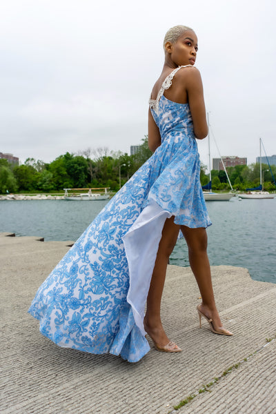 Navy floral high low hot sale dress with open back