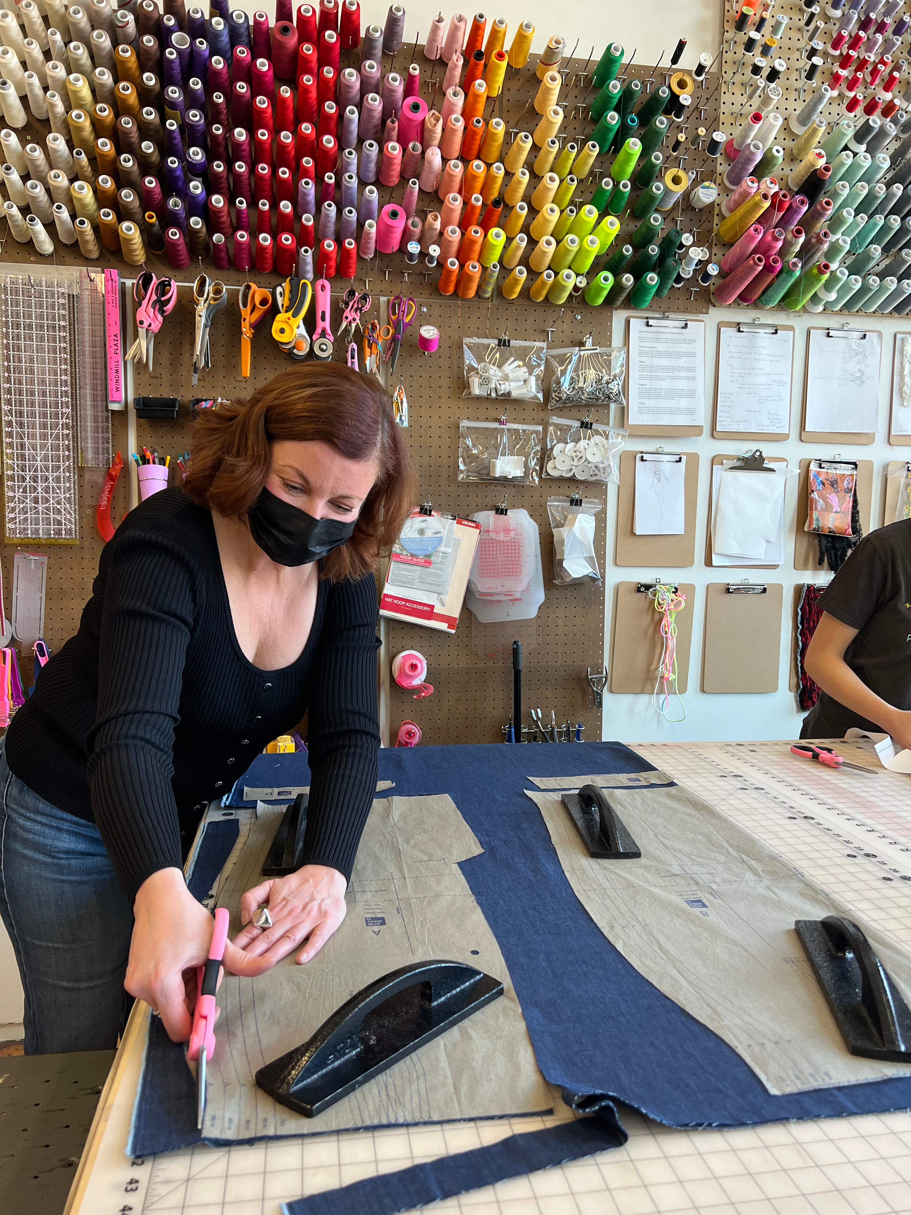 cutting out fabric in sewing class